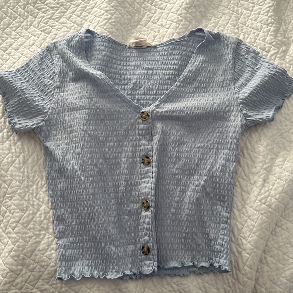 Caution to the wind baby blue button top, womens size XS